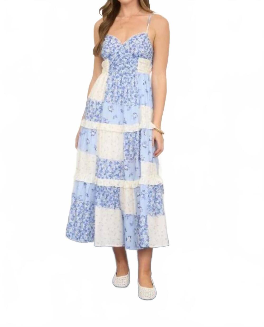 NEW MINE AND E&M pattern spaghetti strap midi dress in blue/ ivory